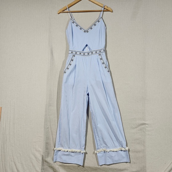Moon River Anthropologie Women's XS Striped Cutout Embroidered Fringe Jumpsuit - Picture 1 of 13